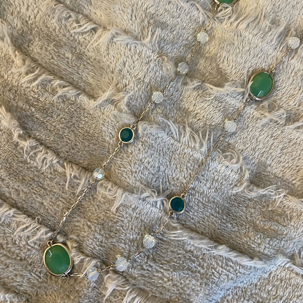 Lia Sophia Long Silver Necklace w/ Green/Blue Stones